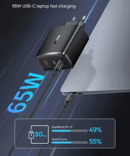 Ładowarka Baseus 65W USB C GaN, wspiera ładowanie QC PD, przenośna szybka ładowarka do iPhone'a 17 16 15, Xiaomi, ładowarka do laptopa