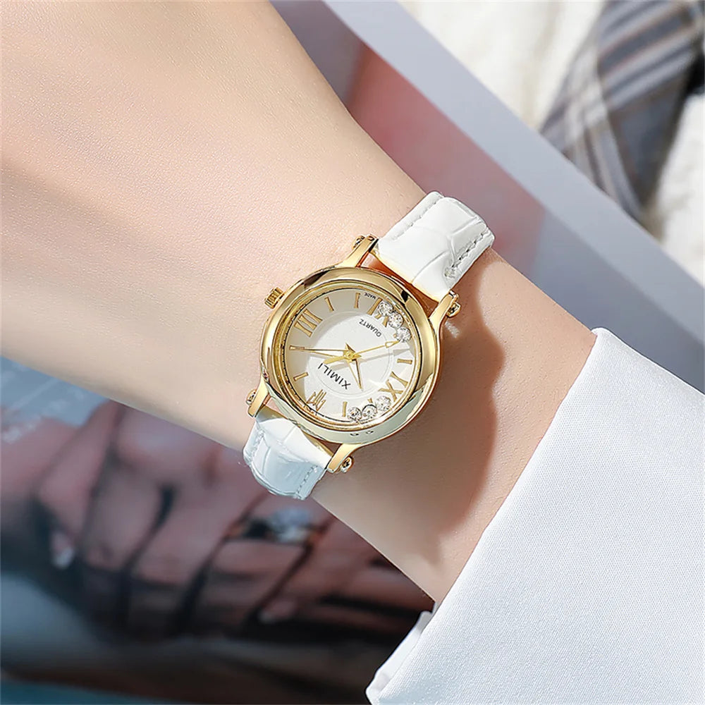 Fashion 2025 New Small Ladies Simple Roller Ball Quartz Watch Business White Leather Women's Dress Gift Clock Wristwatch