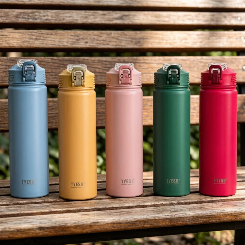 TYESO 600/750ml Thermos Water Bottle with Straw, Stainless Steel Car Thermal Sports Cup, Keeps Cold & Heat Travel Mug