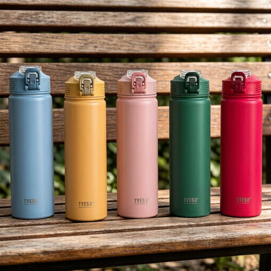 TYESO 600/750ml Thermos Water Bottle with Straw, Stainless Steel Car Thermal Sports Cup, Keeps Cold & Heat Travel Mug