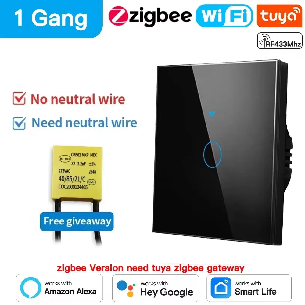 Tuya Wifi/Zigbee RF433 EU Smart Wall Switch 1/2/3/4 Gang Touch Sensor Button No-Neutral Wire,Voice With Alexa Google Home