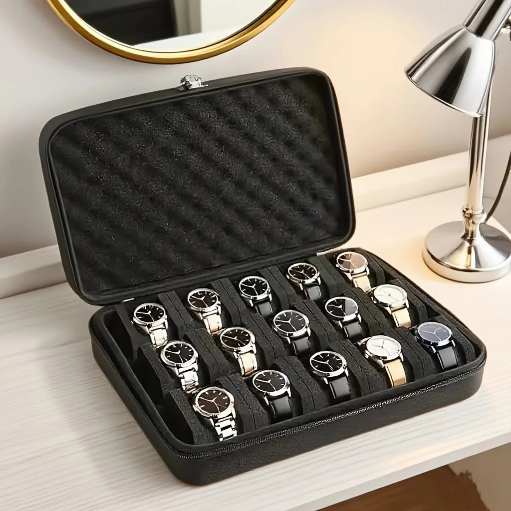 A Watch Box with 15 Compartments,Featuring Shockproof Foam Padding And a Portable Hard Shell Design,for Home Storage
