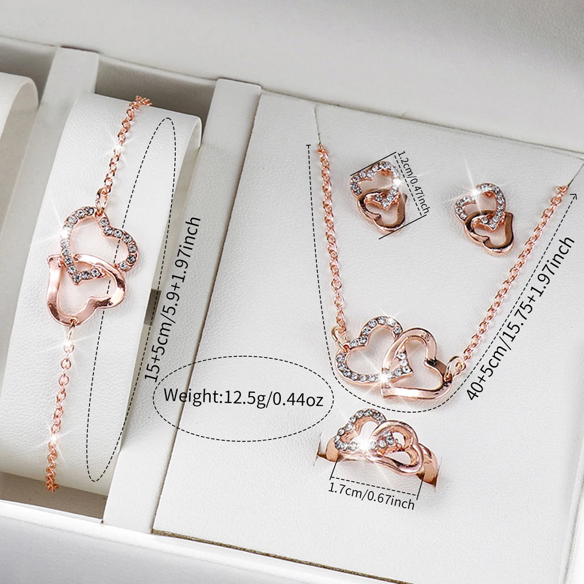 6PCS/Set Women's Watch Fashion Rhinestone Stainless Steel Band Quartz Watch Double Heart Jewelry Set（Without Box）