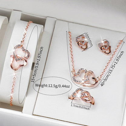 6PCS/Set Women's Watch Fashion Rhinestone Stainless Steel Band Quartz Watch Double Heart Jewelry Set（Without Box）