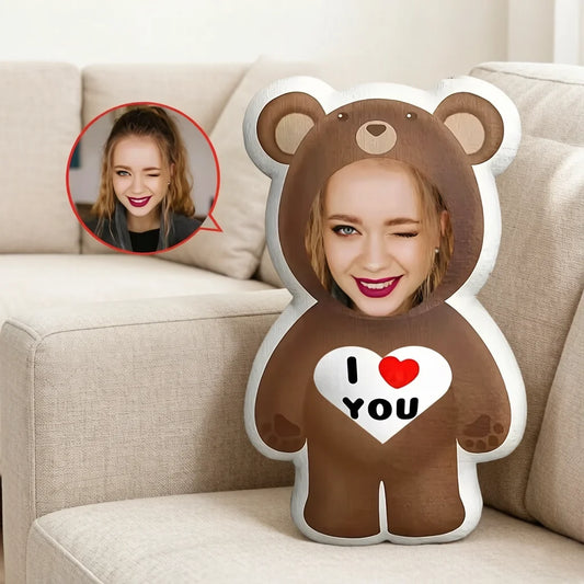 Customized photo bear pillow personalized _I love you_ facial plush ideal gift for loved ones. Soft and comfortable short plush