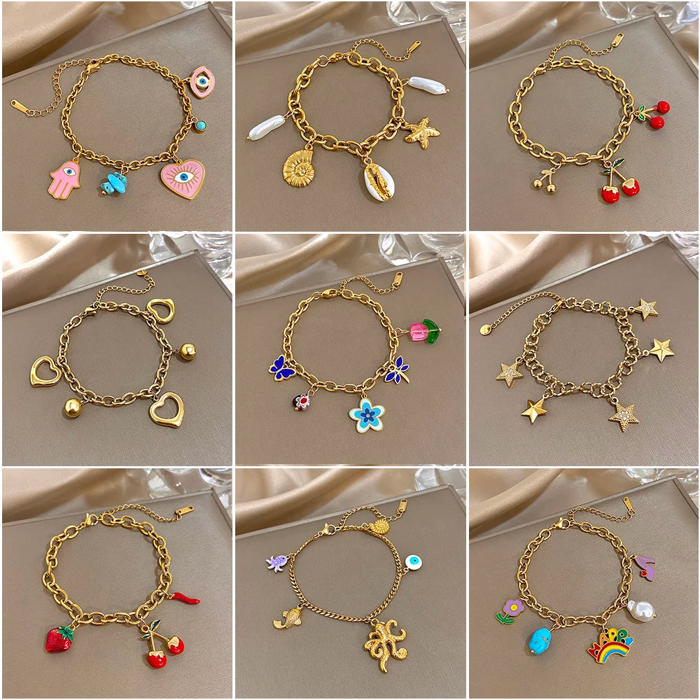 Fashion Gold Plated Stainless Steel Chain Bracelet for Women Cute Star Heart Cherry Tassel Charms Bracelets Waterproof Jewelry