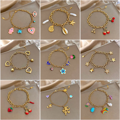 Fashion Gold Plated Stainless Steel Chain Bracelet for Women Cute Star Heart Cherry Tassel Charms Bracelets Waterproof Jewelry