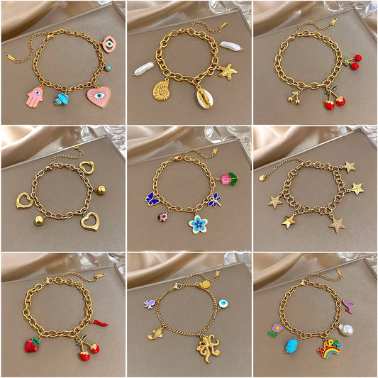 Fashion Gold Plated Stainless Steel Chain Bracelet for Women Cute Star Heart Cherry Tassel Charms Bracelets Waterproof Jewelry