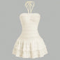 Ladies Solid Color High Elastic Fabric Backless Neckline Mini Skirt with Hem Ruffle Design Elegant Casual Style