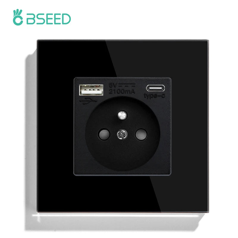 BSEED France Standard Single Wall French Socket Double Power Plug With White Black Gloden Crystal Glass Panel 16A 110V-250V