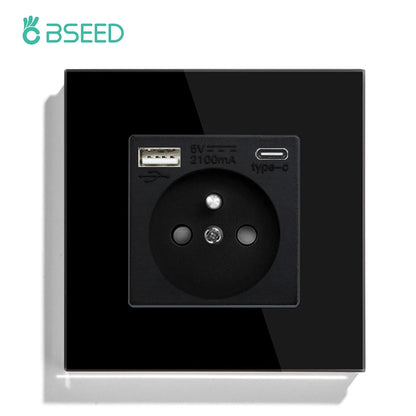 BSEED France Standard Single Wall French Socket Double Power Plug With White Black Gloden Crystal Glass Panel 16A 110V-250V