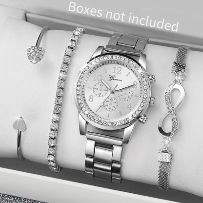 4PCS/Set Women's Watch Fashion Rhinestone Arabic Dial Steel Band Quartz Watches Bracelets Set（Without Box）