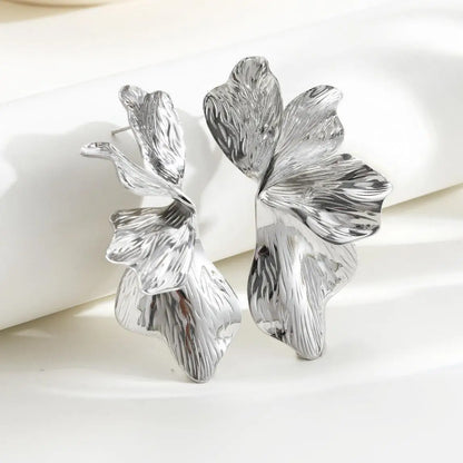Stainless Steel Golden Double Layered Five Petal Flower Earring for Women Vintage Stripe Flower Dangle Earrings Jewelry Gifts