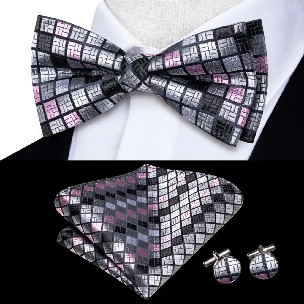 Hi-Tie Mens Bow Tie Hanky Cufflinks Set White Black Gray Silver Pre-tied Butterfly Knot Bowtie for Male Wedding silk Business