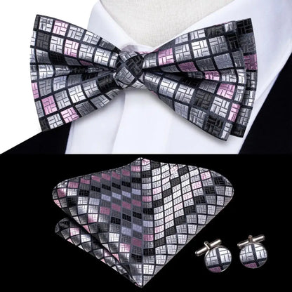 Hi-Tie Mens Bow Tie Hanky Cufflinks Set White Black Gray Silver Pre-tied Butterfly Knot Bowtie for Male Wedding silk Business