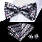 Hi-Tie Mens Bow Tie Hanky Cufflinks Set White Black Gray Silver Pre-tied Butterfly Knot Bowtie for Male Wedding silk Business