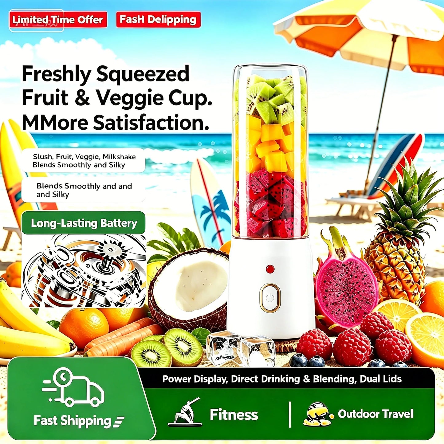 Portable USB Rechargeable Juicer 450ml 2 Cups Wireless Blender with Sports Lid, Mini Mixer for Juice Smoothie Shakes Home Use