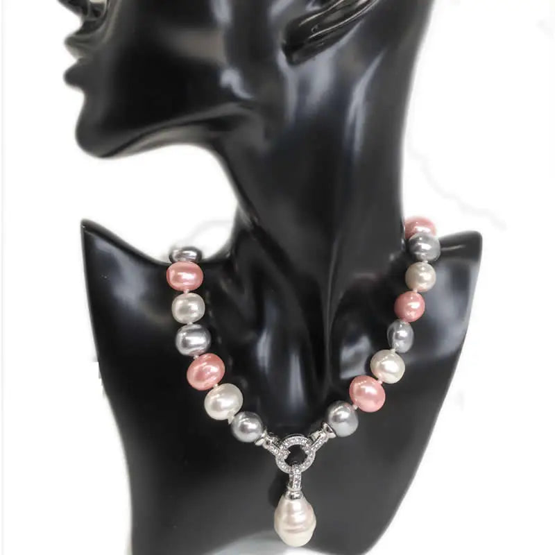 Luxury style Cultured 12-15m White Potato Freshwater Pearl Necklace Cz Pave Shell Pearl Pendant Weddding