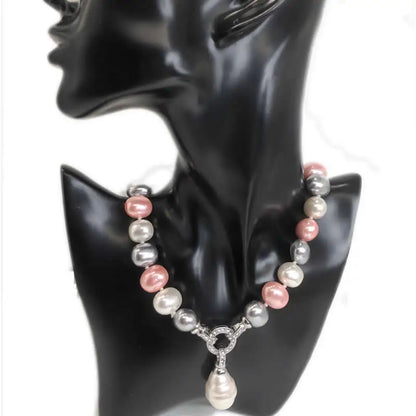 Luxury style Cultured 12-15m White Potato Freshwater Pearl Necklace Cz Pave Shell Pearl Pendant Weddding