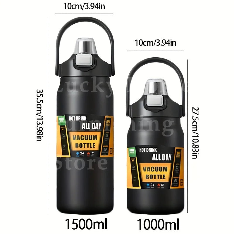 Stainless Steel Vacuum Bottle Large Capacity 1.2L/1.5L Insulated Thermo Water Flask Dual Use Lids Direct Straw Sport Gym Tumbler