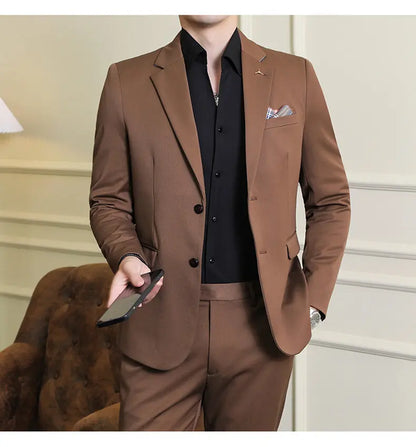 High quality Korean slim fit (suit + trousers) Fashion business handsome casual solid color wedding suit two-piece set