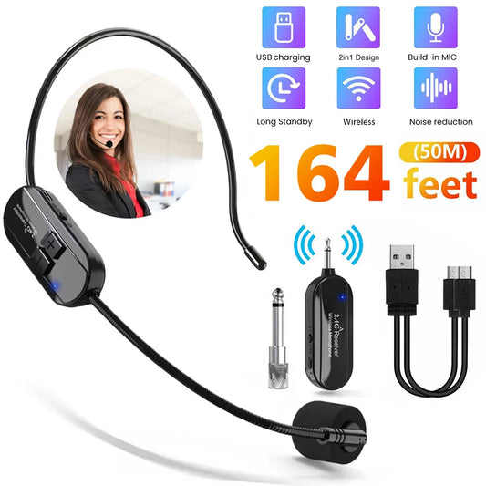 Wireless Headset Microphone Kit 2.4G with Transmitter And Receiver for Voice Amplifier Speaker Suitable for Teaching Stage Guide