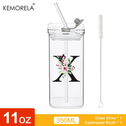 1PCS 24 Letter-Shaped Glass Tumblers with Lid And Straw Coffee Tumbler 300ML Clear Square Drinking Tumbler For Coffee Beer Milk