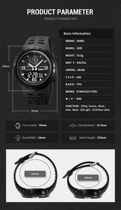 SKMEI  Outdoor Sports Men's Electronic 1655 Watch Dual Display Multi functional Waterproof Student Exploration Watch