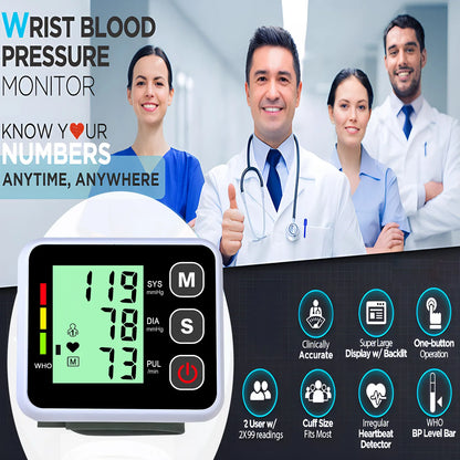Digital Wrist Blood Pressure Monitor Smart Sphygmomanometer Tonometer Cuff Tensiometer Heart Rate Pulse Meter for Health Care