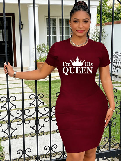 Women's Casual 'I'M HIS QUEEN' Theme Letter and Geometric Pattern Print Long-Sleeved T-Shirt Dress - Round Neck Short Sleeves, L