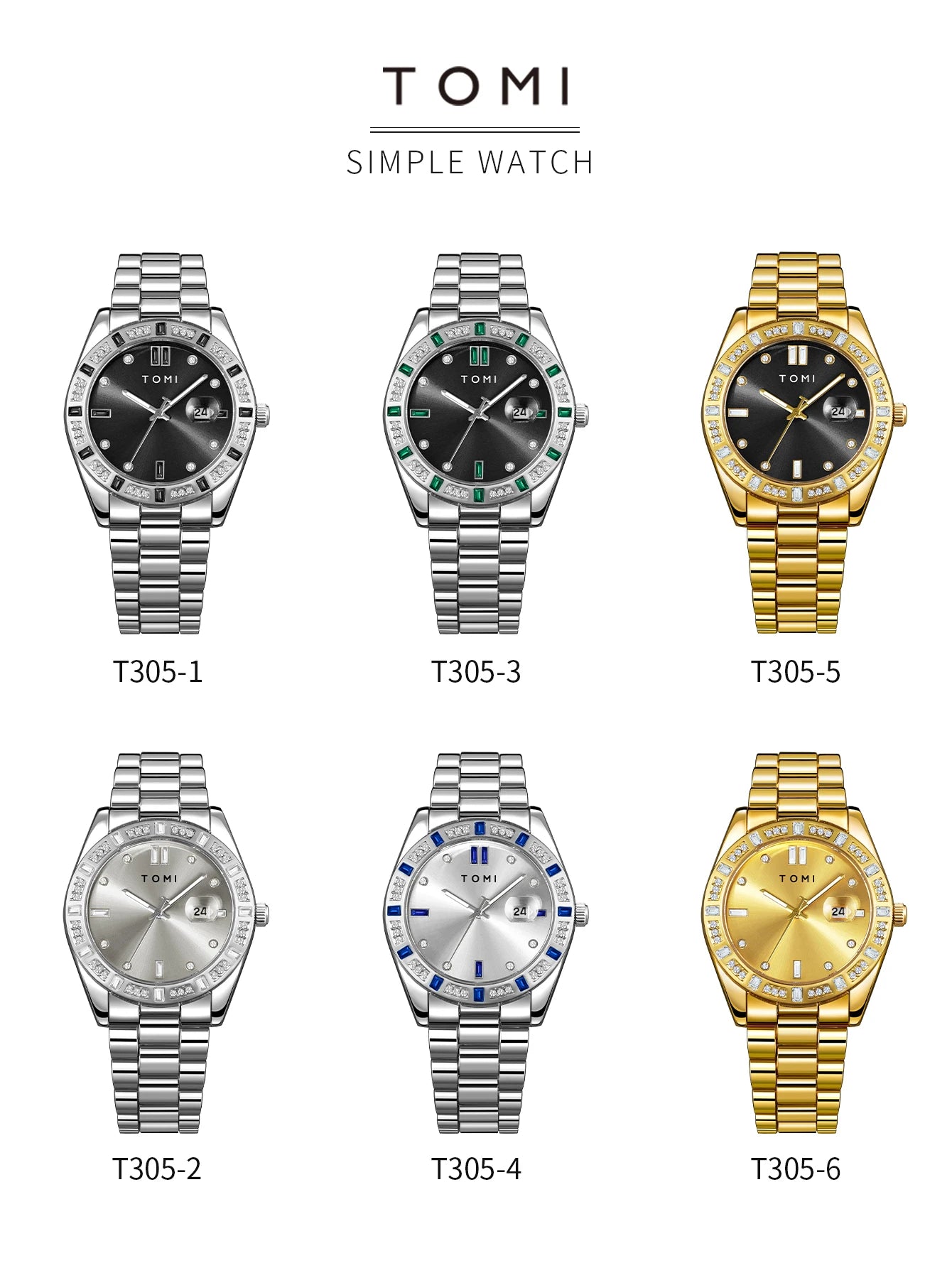 TOMI 4PCS Luxury Business Men's Watch Gift Box Set Luxury Diamond Case Calendar Stainless Steel Strap Quartz Watch Men's Clock