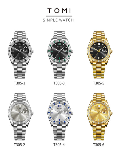 TOMI 4PCS Luxury Business Men's Watch Gift Box Set Luxury Diamond Case Calendar Stainless Steel Strap Quartz Watch Men's Clock