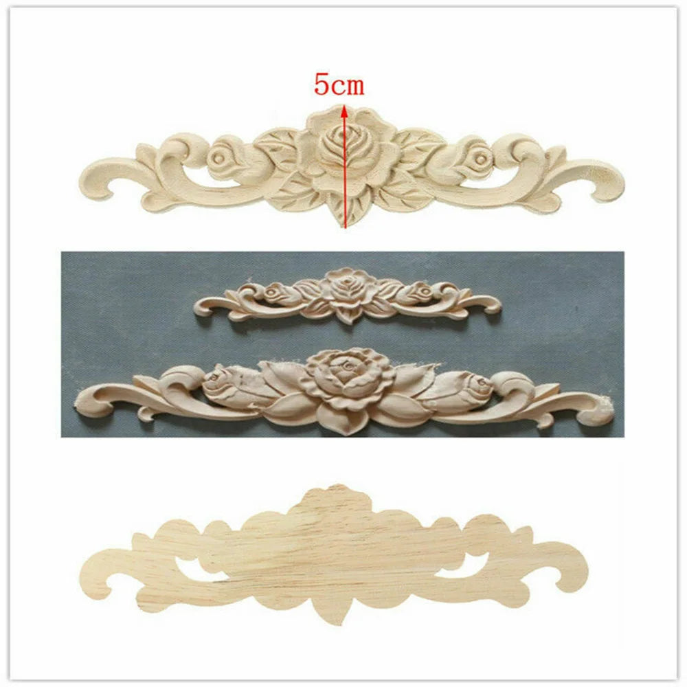 Natural Floral Wooden Carved Applique Wooden Figurines Crafts Corner Frame Appliques Frame Wall Door Furniture Woodcarving Decor