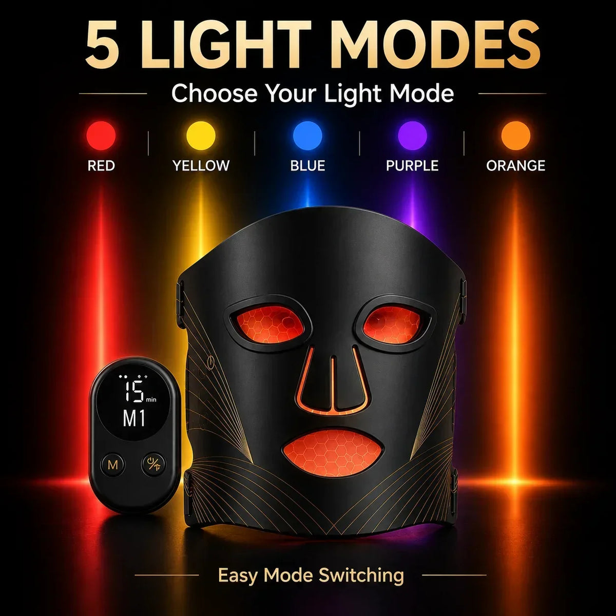 LED Face Mask 5 Light Modes Full Face Beauty Device Detachable Controller 10/15/20 Min Timer Rechargeable At Home Skin Care