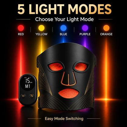 LED Face Mask 5 Light Modes Full Face Beauty Device Detachable Controller 10/15/20 Min Timer Rechargeable At Home Skin Care
