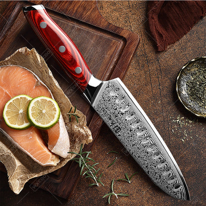 TAMZUO 7" Kitchen Santoku Knives Japanese Damascus Steel VG10 Kitchen Cooking Knife Meat Cutting Fruit Knife Wooden Handle