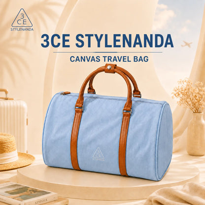 3CE Blue & Brown Color-Block Canvas Travel/Makeup Bag – Suitable for outdoor trips; spacious enough to store various cosmetics