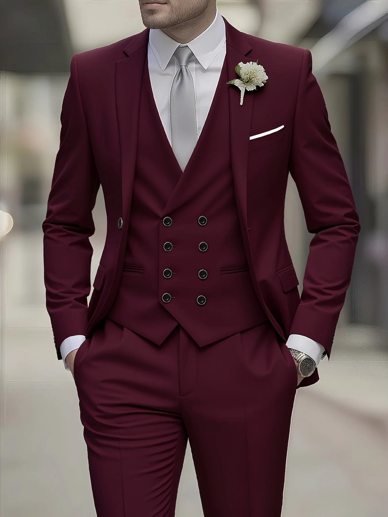 Men's Business Formal Suit 3-Piece Single Breasted Notch Lapel Solid Double Breasted Vest Elegant Office Party Wedding