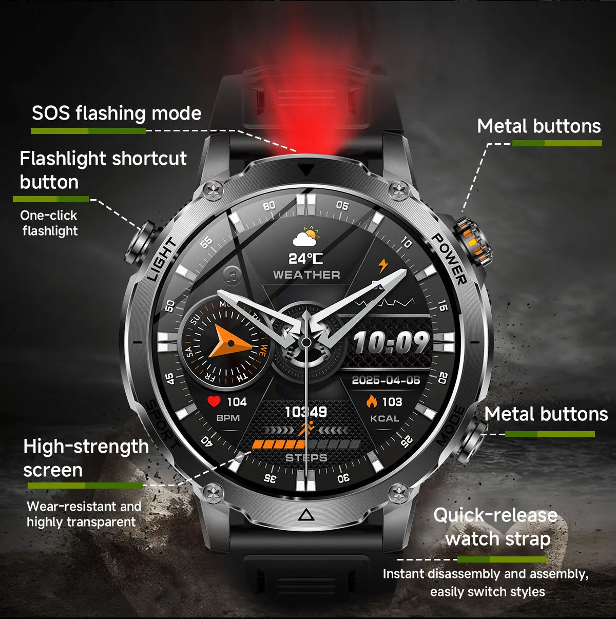 2026 Nowy Wojskowy CZOŁG Smartwatch Połączenia Bluetooth Wodoodporność 10ATM Bateria 1400mAh Monitorowanie Tętna Zegarek Sportowy Outdoor Męski