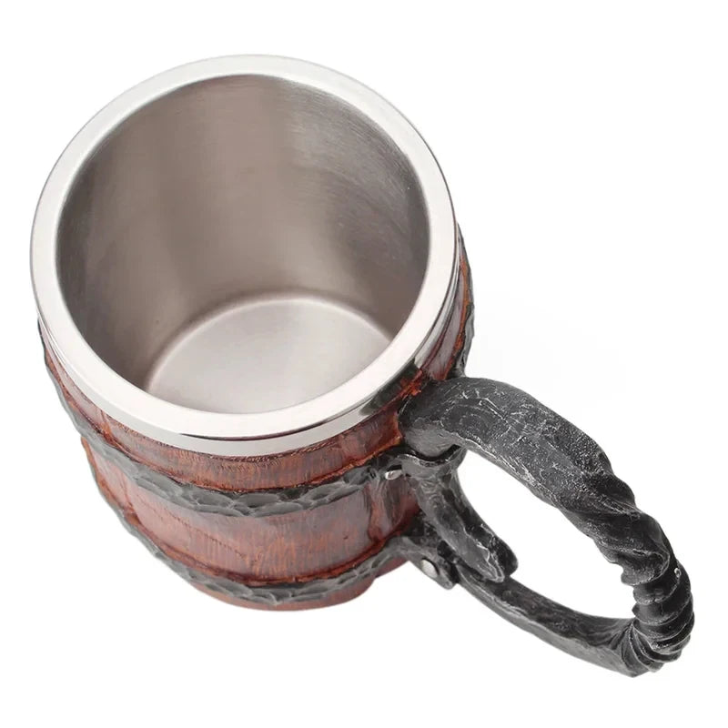 Viking Wood Style Beer Mug, Simulated Wooden Barrel Double Wall Metal Insulated Cup, 1Pc Bar Drinking Mug