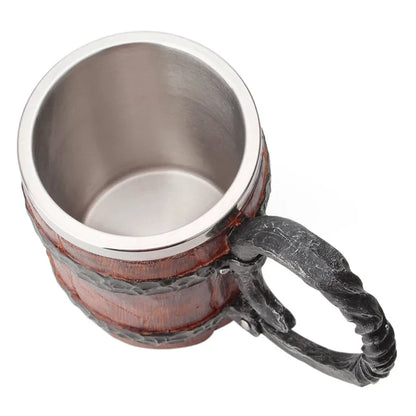 Viking Wood Style Beer Mug, Simulated Wooden Barrel Double Wall Metal Insulated Cup, 1Pc Bar Drinking Mug
