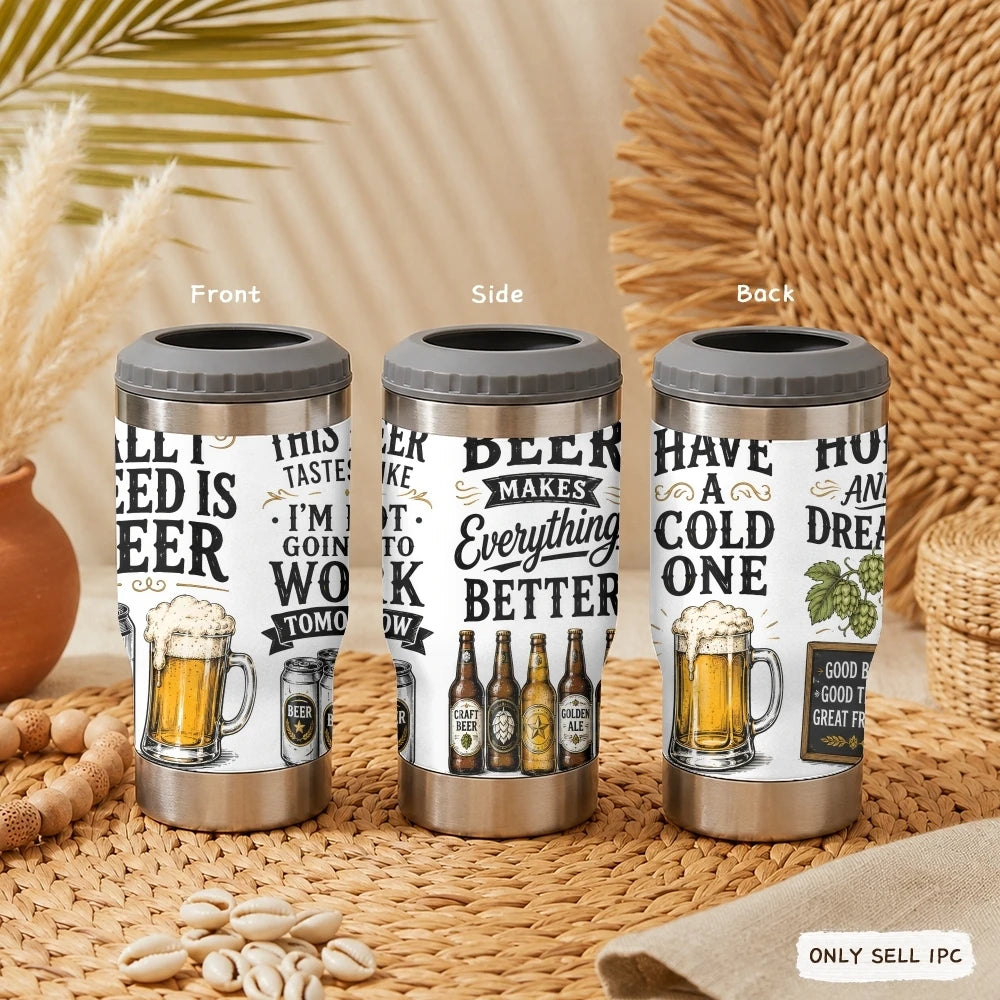 Funny Beer Quotes Vacuum Flasks 4-in-1 Stainless Steel Can Cooler Insulated Beer Soda Coffee Holder Dual Lids Fits 12oz
