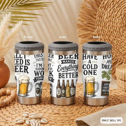 Funny Beer Quotes Vacuum Flasks 4-in-1 Stainless Steel Can Cooler Insulated Beer Soda Coffee Holder Dual Lids Fits 12oz