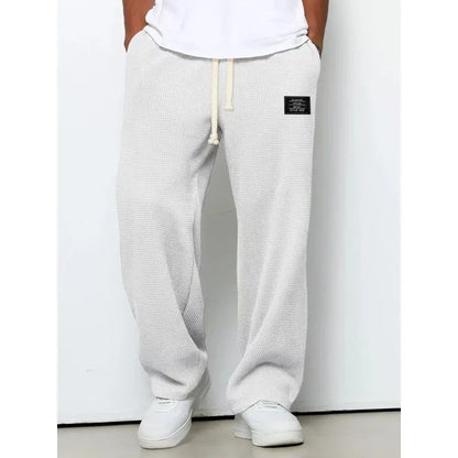 Men Waffle Knit Wide Leg Pants Elastic Drawstring Casual Trousers Loose Streetwear Workout Jogger PantsS-4XL