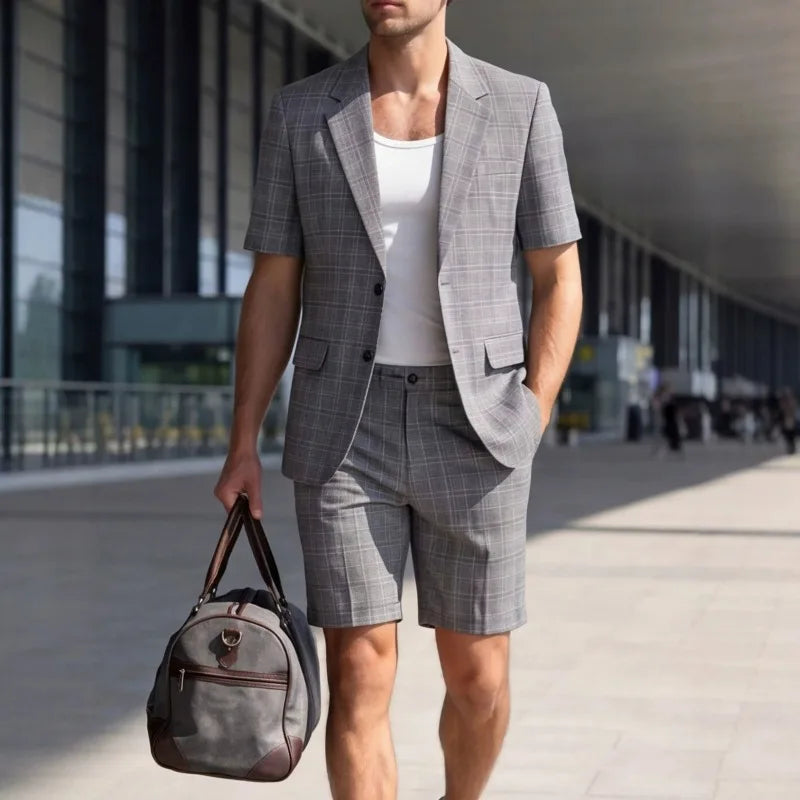 KIDWHXR Men Summer Suit Outfit British Style Plaid Short Sleeve Male 2-piece Set Loose Comfortable Business Casual Man Suits