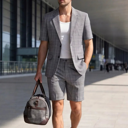 KIDWHXR Men Summer Suit Outfit British Style Plaid Short Sleeve Male 2-piece Set Loose Comfortable Business Casual Man Suits