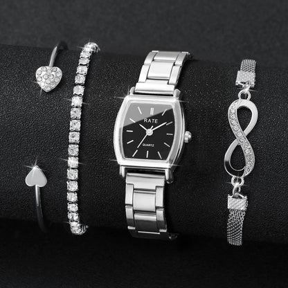 4PCS/Set Fashion Women Watches Elegant Silver Alloy Strap Quartz Wristwatch Rhinestone Bracelets Set Reloj Mujer(Without Box)