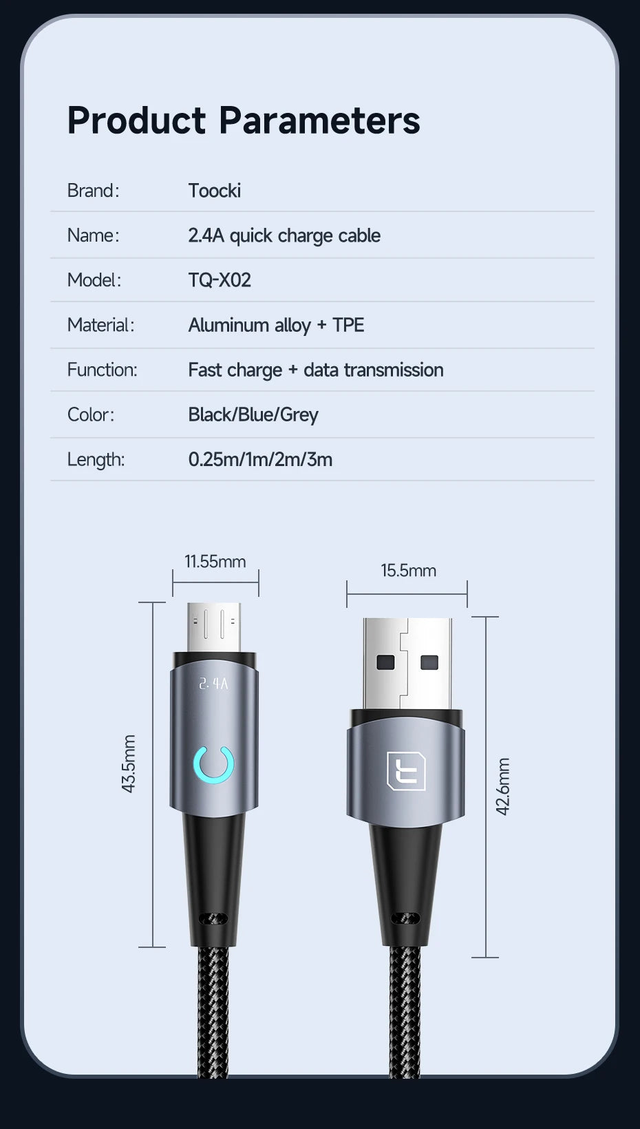 Toocki Micro USB Cable for Samsung S10 2.4A Fast Charging Quick Charge Micro Cable for Fan Headphone LED Phone Charger Data Cord