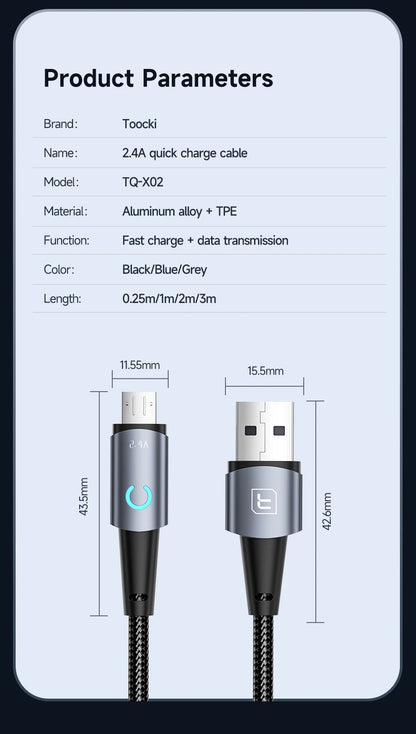 Toocki Micro USB Cable for Samsung S10 2.4A Fast Charging Quick Charge Micro Cable for Fan Headphone LED Phone Charger Data Cord