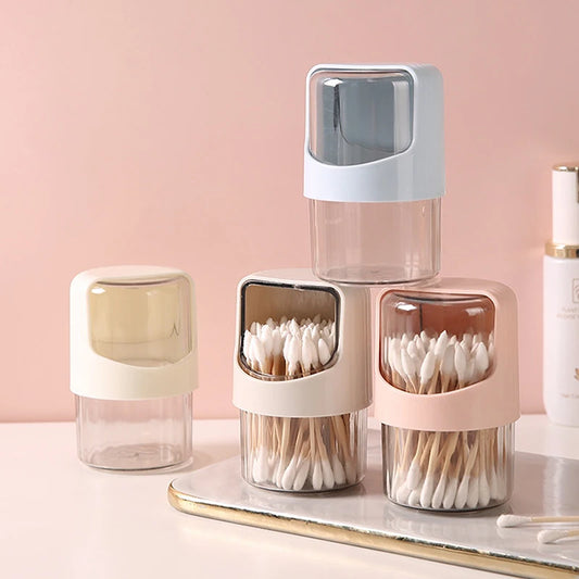 Transparent Cotton Swab Storage Box Rotating With Lid Dustproof Desktop Plastic Toothpick Organizer Jar